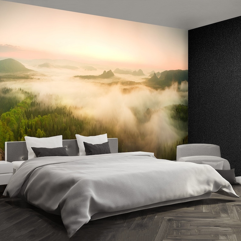 Rocky Mountains repositionable wall mural Fantastic dreamy sunrise on rocky mountains with view.... wallpaper Landscape misty panorama