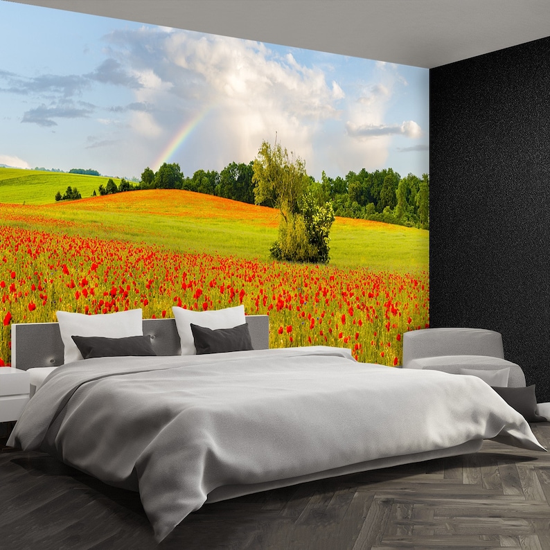 Rainbow Poppies self adhesive or paste /& glue wallpaper mural Rainbow after a rain storm over the meadow poppies wall art reusable