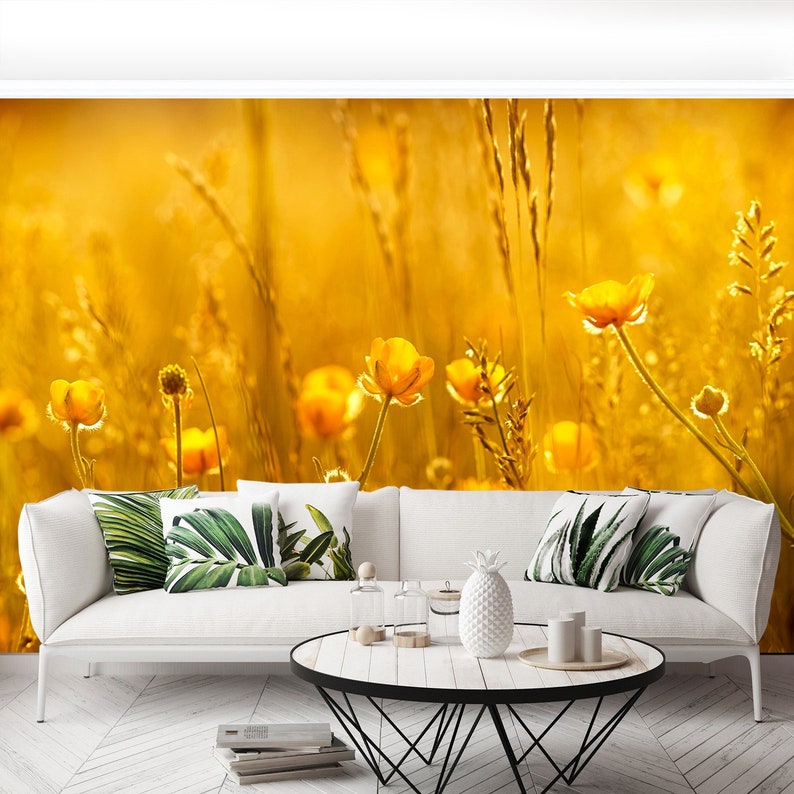 Meadow Flowers reusable or traditional photo wallpaper mural Rays of the setting sun on yellow flowers meadow flowers mural photo