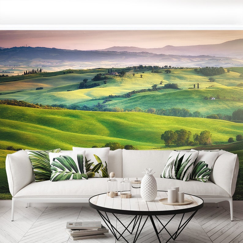wallcovering Gorgeous greens in the landscape and with light painted Italian Meadows reusable or traditional wall mural removable mural