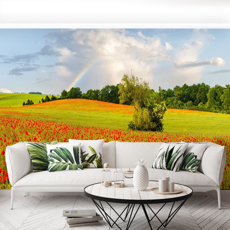 Rainbow Poppies self adhesive or paste /& glue wallpaper mural Rainbow after a rain storm over the meadow poppies wall art reusable