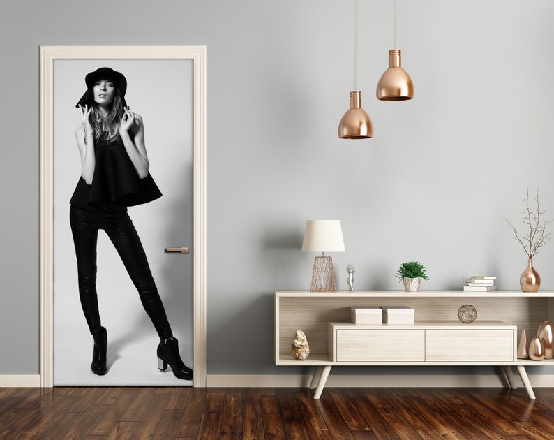 Self adhesive Door wrap removable Peel /& Stick Decal People Woman in black DS/_2088