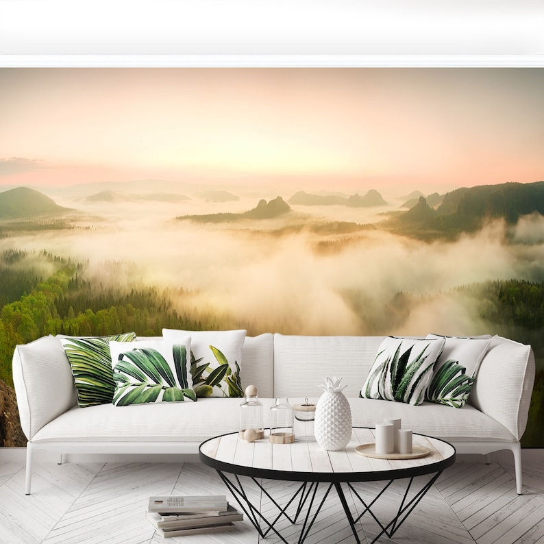 Rocky Mountains repositionable wall mural Fantastic dreamy sunrise on rocky mountains with view.... wallpaper Landscape misty panorama