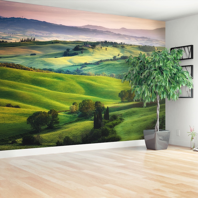 wallcovering Gorgeous greens in the landscape and with light painted Italian Meadows reusable or traditional wall mural removable mural