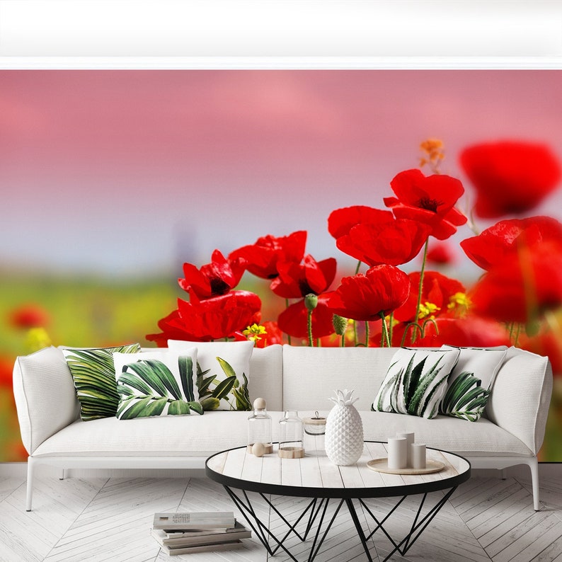 wallcovering Field of poppies on a sunset wallmural repositonable photomural mural photo Poppies Field traditional or removal mural