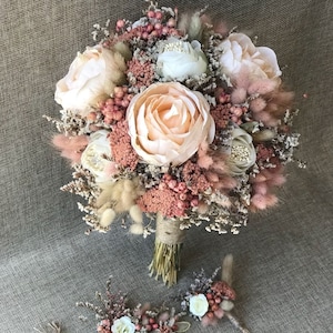 Enchanted Harmony: Salmon, Pink & Cream Dried Real Flower Bridal Bouquet, Groom Boutonniere, Bridesmaid Bouquet and Accessories