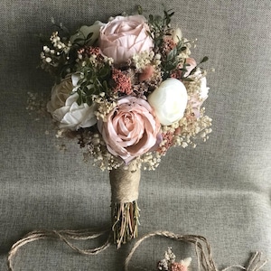 Powder Pink, White, Cream, Green Wedding Bouquets Bridal Bridesmaids Bouquets, Dried Flower Bouquet, Boutonniere, Corsage