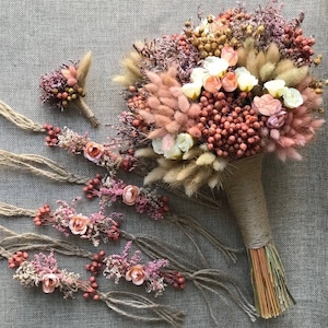 Dusty rose, pink, white Wedding Bouquets Bridal Bridesmaids Bouquets, Dried Flower Bouquet, Corsage, Boutonniere