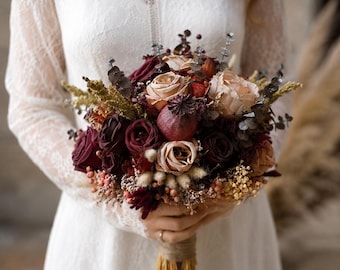 Burgundy Dried Rose Bridal Bouquet | Fall Boho Wedding Flowers, Hair Comb