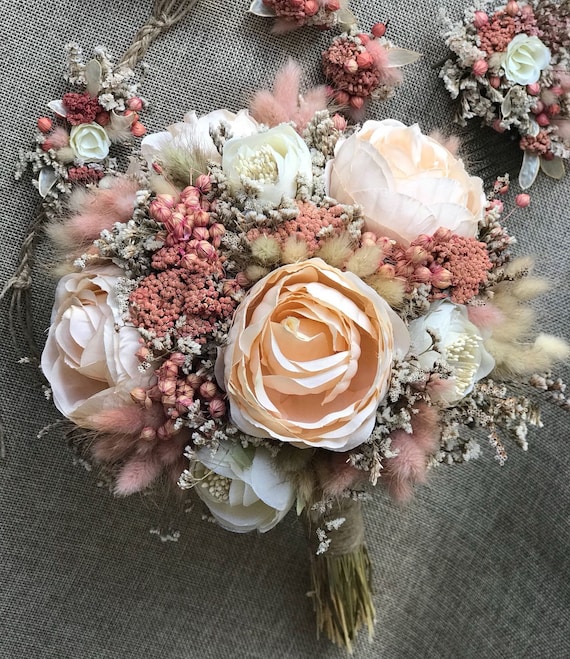 Enchanted Harmony: Salmon, Pink & Cream Dried Real Flower Bridal Bouquet,  Groom Boutonniere, Bridesmaid Bouquet and Accessories 