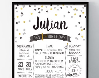 Czarno-złota czarno-biała tablica urodzinowa monochromatyczne konfetti kamień milowy plakat chłopiec 1 urodziny statystyki dekoracja imprezy spersonalizowana do wydruku