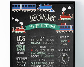 Tablica kredowa na przyjęcie urodzinowe z tablicą pamiątkową, pierwszy pierwszy znak statystyczny, lokomotywa parowa, chłopiec, zabytkowe pociągi, spersonalizowane do wydrukowania