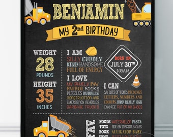 Tablica urodzinowa z motywem budowy, tablica statystyk pierwszych urodzin, plakat z tablicą Milestone, ciężarówki, spersonalizowany wydruk dla chłopca na pierwszą imprezę