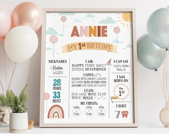 Tęczowe dekoracje na przyjęcie urodzinowe Tęczowy kamień milowy plakat urodzinowy do wydrukowania Pastelowe urodziny Boho Tęczowy znak pierwszego kamienia milowego urodzin