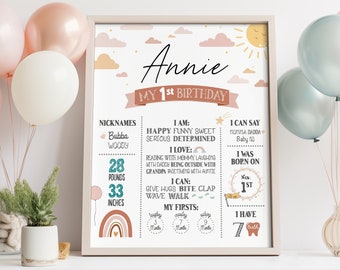 Tęczowa dekoracja urodzinowa Tęczowy kamień milowy plakat urodzinowy do wydrukowania Słoneczne tęcze Boho urodziny tablica z kamieniami milowymi na pierwsze urodziny