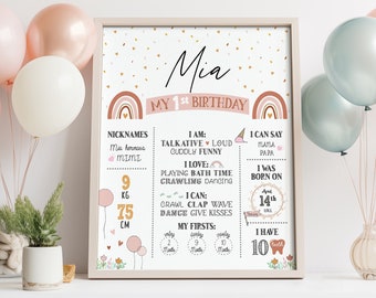 Tęczowe dekoracje na przyjęcie urodzinowe Tęczowy kamień milowy plakat urodzinowy do wydrukowania Boho Chic urodziny Tęczowy znak pierwszego kamienia milowego urodzin