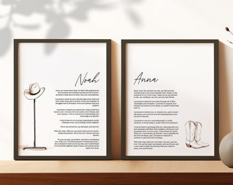 Ślubne przysięgi artystyczne wydruki, zestaw 2 ślubów wiejskich, spersonalizowane przysięgi małżeńskie, dekoracja ścienna, prezent na rocznicę ślubu prezent świąteczny dom wiejski