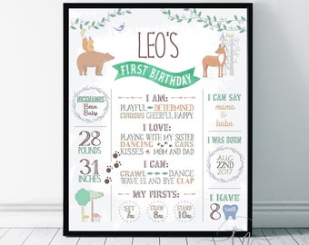 Tablica urodzinowa Woodland Animals, plakat Milestone, tablica statystyk 1. urodzin, urodziny chłopca, dekoracje na przyjęcie urodzinowe do druku spersonalizowane