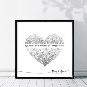 Personalized Heart Lyrics Print Anniversary Gift First Dance Wedding Song Birthday Gift Boyfriend Husband Mom Custom Vows Keepsake Present
