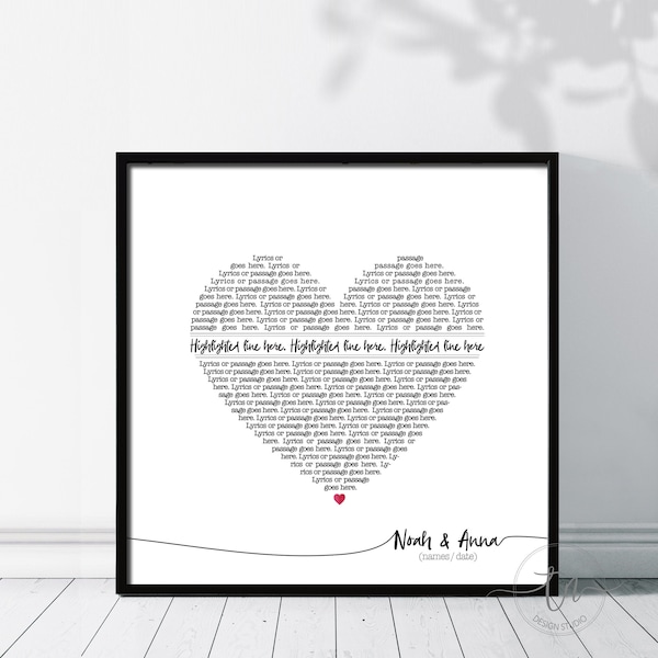 Personalized Heart Lyrics Print Anniversary Gift First Dance Wedding Song Birthday Gift Boyfriend Husband Mom Custom Vows Keepsake Present