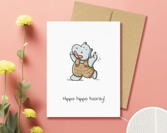 Fun Hippo Birthday Card Hippo Hippo Hooray Cute Illustrated Greeting Card Hippo Hippo Hurray Hippopotamus Birthday Card A2 Greeting Card