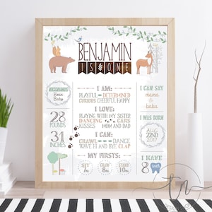 Tavola di compleanno degli animali del bosco Poster della pietra miliare del compleanno del bosco 1° segno delle prime statistiche Decorazione della festa del neonato della foresta stampabile personalizzato