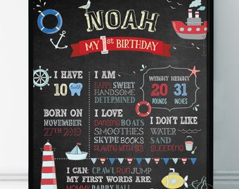 Tablica kredowa na imprezę tematyczną z okazji pierwszych urodzin, tablica statystyk, łodzie, żagle morskie, tablica na pierwsze urodziny chłopca, spersonalizowany wydruk