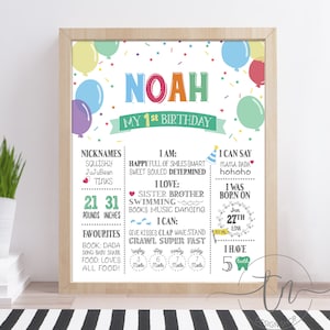 Confetti and Balloons Word Party Birthday Board Colorful Colourful Rainbow Milestone Poster 1st Birthday Stats pastel personalized printable