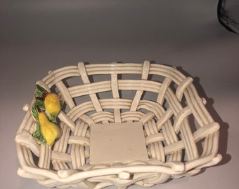 Vintage White Ceramic Spain Lattice Weave Trinket Dish Bowl Basket