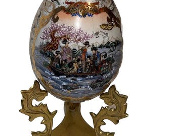 Vintage Large Ceramic Asian Geisha Girls Boat Egg Figurine Sculpture Brass Base