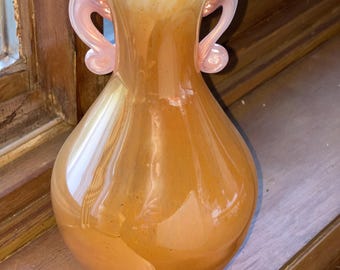 Vintage Iridescent Glass Vase With Pink Handles 9 Inches Tall