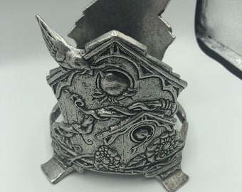 Vtg Aluminum Metal Candle Jar Holder Round Birdhouse  Silver
