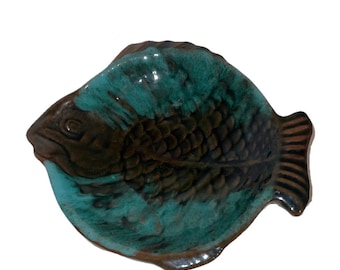Vintage Redware Pottery Unbranded Fish Trinket Dish Brown & Aqua Glaze