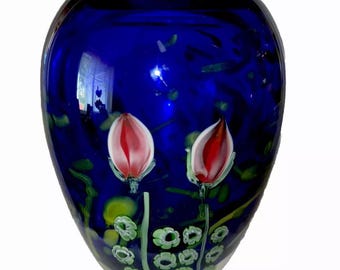 Heavy Studio Art Glass Flowers Under Moon Cobalt Blue paperweight vase 5 1/2”