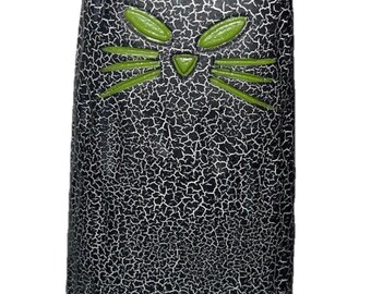 Pier 1 Imports Cat Primitive Carved Crackle Wood Statue Glowing Green Eyes 12"