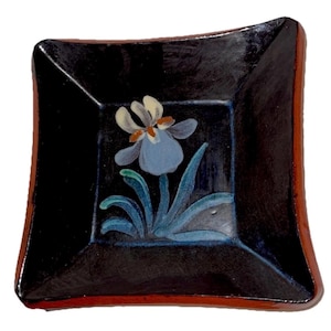 2008 Eldreth Redware Pottery Dish Bowl Square Floral Designs Blue