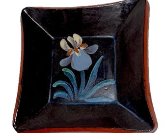 2008 Eldreth Redware Pottery Dish Bowl Square Floral Designs Blue