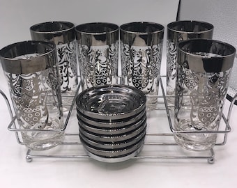 Vintage MCM kimiko Set six highball glasses Six coasters barware knights