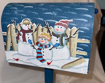 Christmas Wooden Mailbox w/ pedestal snowmen 13.5 X 8.5  #1