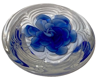 Blue Flower Paperweight Blue w White Oblate Spheroid 5" Hand Blown Art Glass