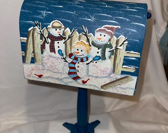 Christmas Wooden Mailbox w/ pedestal snowmen 13.5 X 8.5  #2 !