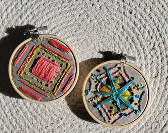 Set of 2 hand embroidered 3" hoop ornaments. 1950's design inspired Christmas ornaments.