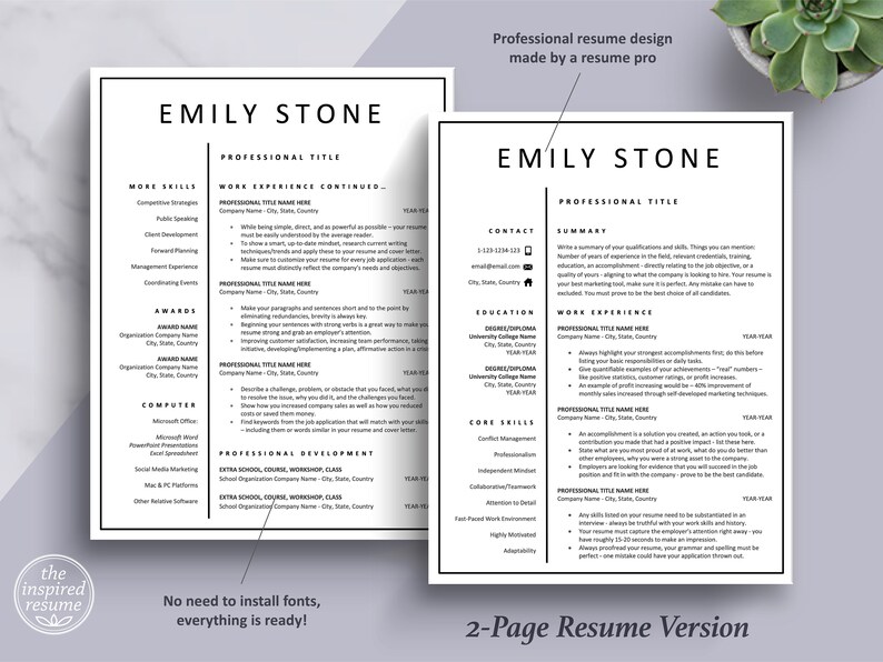 Pu&ograve; includere: Un modello di curriculum vitae in bianco e nero con il testo "Emily Stone" e "Titolo professionale" in alto. Il curriculum vitae &egrave; diviso in sezioni come "Altre competenze", "Esperienza lavorativa", "Premi", "Computer", "Scuola aggiuntiva, corso, workshop, classe", "Contatti", "Riepilogo", "Istruzione", "Competenze principali" e "Sviluppo professionale". Il curriculum vitae &egrave; progettato per essere utilizzato per le candidature.