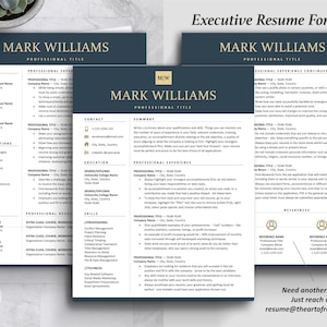 Inspired Resume Template | Executive C Suite Level  Navy Blue Resume Template Bundle | Three-Page Executive C-Suite Level  CV Resume Format