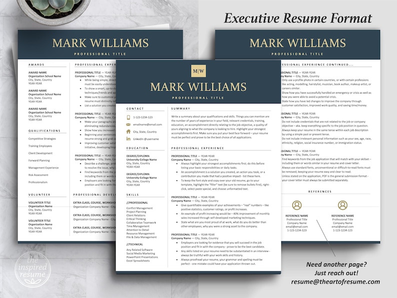Inspired Resume Template | Executive C Suite Level  Navy Blue Resume Template Bundle | Three-Page Executive C-Suite Level  CV Resume Format