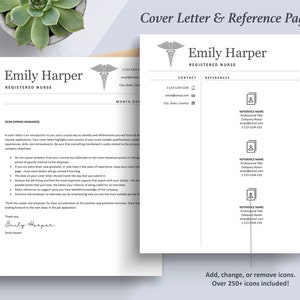 May include: A black and white cover letter and reference page template for a registered nurse. The template includes a medical symbol, contact information, and a section for references. The text "Emily Harper, Registered Nurse" is at the top of the page.