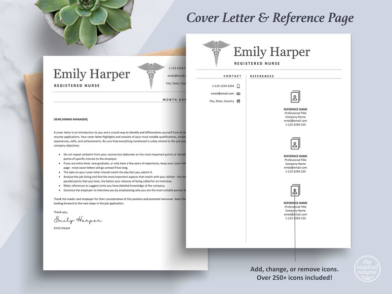 May include: A black and white cover letter and reference page template for a registered nurse. The template includes a medical symbol, contact information, and a section for references. The text "Emily Harper, Registered Nurse" is at the top of the page.