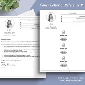 May include: A black and white cover letter and reference page template with a simple design. The template includes a contact section with icons for email, phone, and social media. The reference page includes a section for each reference with their name, title, company, email, and phone number.