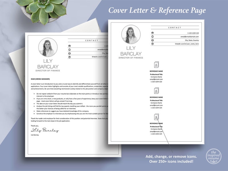 May include: A black and white cover letter and reference page template with a simple design. The template includes a contact section with icons for email, phone, and social media. The reference page includes a section for each reference with their name, title, company, email, and phone number.
