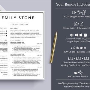 Pu&ograve; includere: Un modello di curriculum vitae in bianco e nero con il testo "Emily Stone" in alto. Il curriculum include sezioni per informazioni di contatto, istruzione, esperienza lavorativa, competenze chiave e titolo professionale. Il testo "Il tuo pacchetto include" &egrave; in un riquadro bianco con bordo nero. Il pacchetto include versioni del curriculum di 1, 2 e 3 pagine, una lettera di presentazione, una pagina di riferimento, file di Microsoft Word e Apple Pages, un set di icone del curriculum, un manuale di istruzioni del curriculum, una guida alla scrittura e una guida ai verbi d'azione. Il testo "#1 Servizio clienti" &egrave; in un riquadro bianco con bordo nero. Il testo "Hai bisogno di una formattazione gratuita? Mandami un messaggio: resume@theartofresume.com" &egrave; in un riquadro bianco con bordo nero.